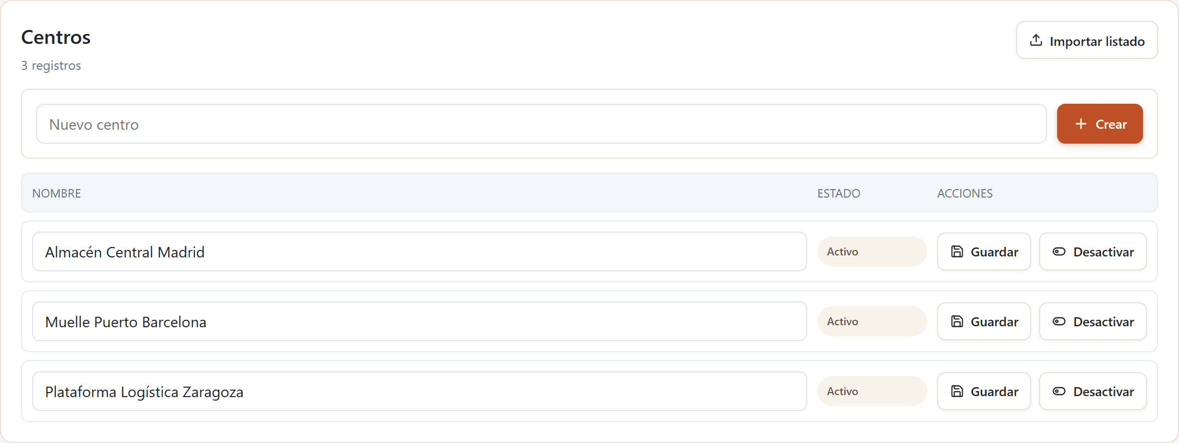 Catálogo de centros en el módulo Datos de Gorcelx