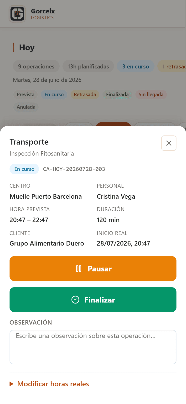 Operación en curso abierta desde el móvil, con Pausar y Finalizar visibles