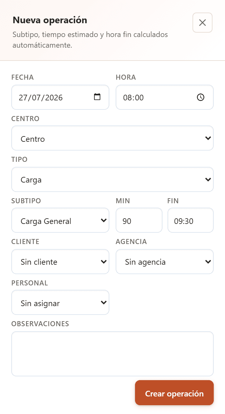 Drawer de creación de una nueva operación en Planificación